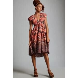 Anthropologie X Printed V-Neck Babydoll Dress Red Motif Multicolor US 8 NWT